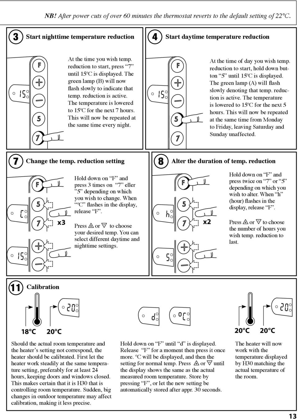 This will now be repeated at the same time every night. At the time of day you wish temp. reduction to start, hold down button 5 until 15ºC is displayed.