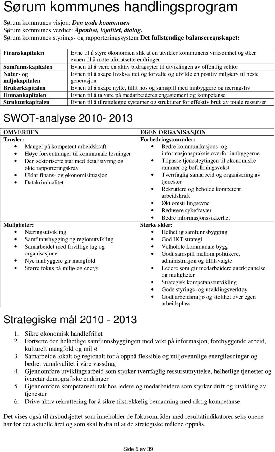 SWOT-analyse 2010-2013 OMVERDEN Trusler: Mangel på kompetent arbeidskraft Høye forventninger til kommunale løsninger Den sektoriserte stat med detaljstyring og økte rapporteringskrav Uklar finans- og