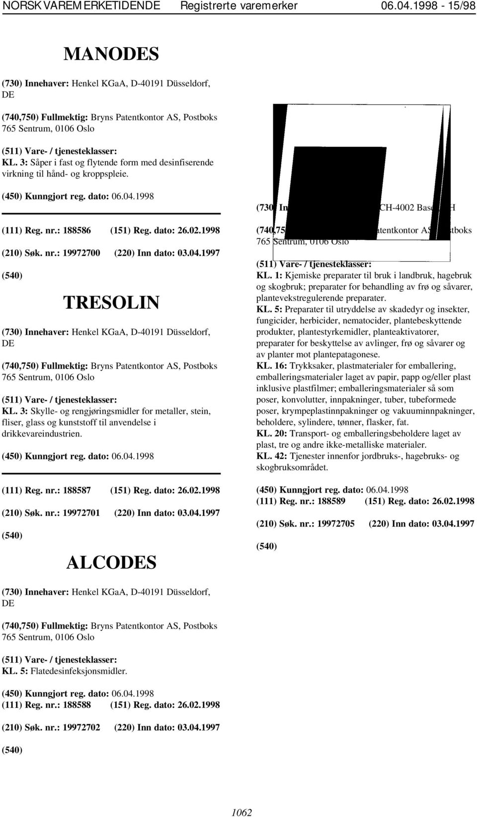1997 TRESOLIN (730) Innehaver: Henkel KGaA, D-40191 Düsseldorf, DE KL. 3: Skylle- og rengjøringsmidler for metaller, stein, fliser, glass og kunststoff til anvendelse i drikkevareindustrien.