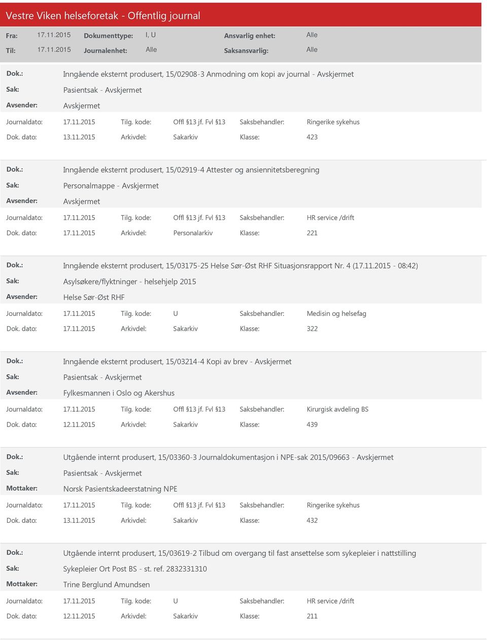 dato: Arkivdel: Sakarkiv 322 Inngående eksternt produsert, 15/03214-4 Kopi av brev - Pasientsak - Fylkesmannen i Oslo og Akershus Kirurgisk avdeling BS Dok. dato: 12.11.