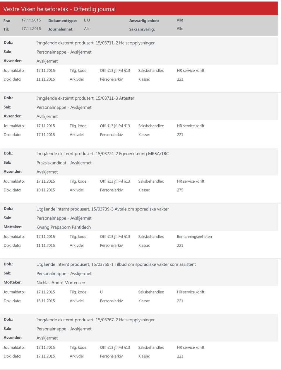 2015 Arkivdel: Personalarkiv 275 tgående internt produsert, 15/03739-3 Avtale om sporadiske vakter Kwang Prapaporn Pantidech Bemanningsenheten Dok. dato: 11.