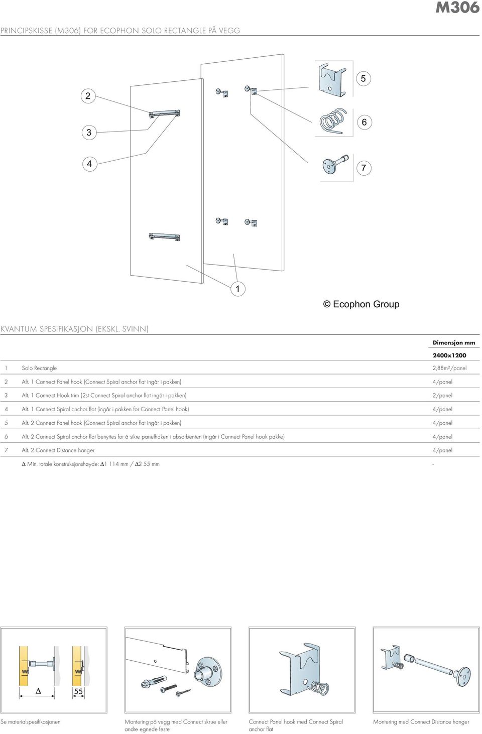 1 Connect Spiral anchor flat (ingår i pakken for Connect Panel hook) 4/panel 5 Alt. 2 Connect Panel hook (Connect Spiral anchor flat ingår i pakken) 4/panel 6 Alt.