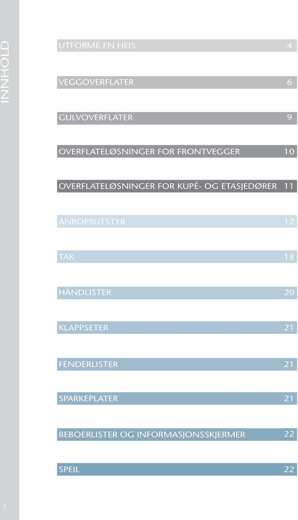 ETASJEDØRER 11 ANROSUTSTYR 12 TAK 18 HÅNDLISTER 20 KLASETER 21