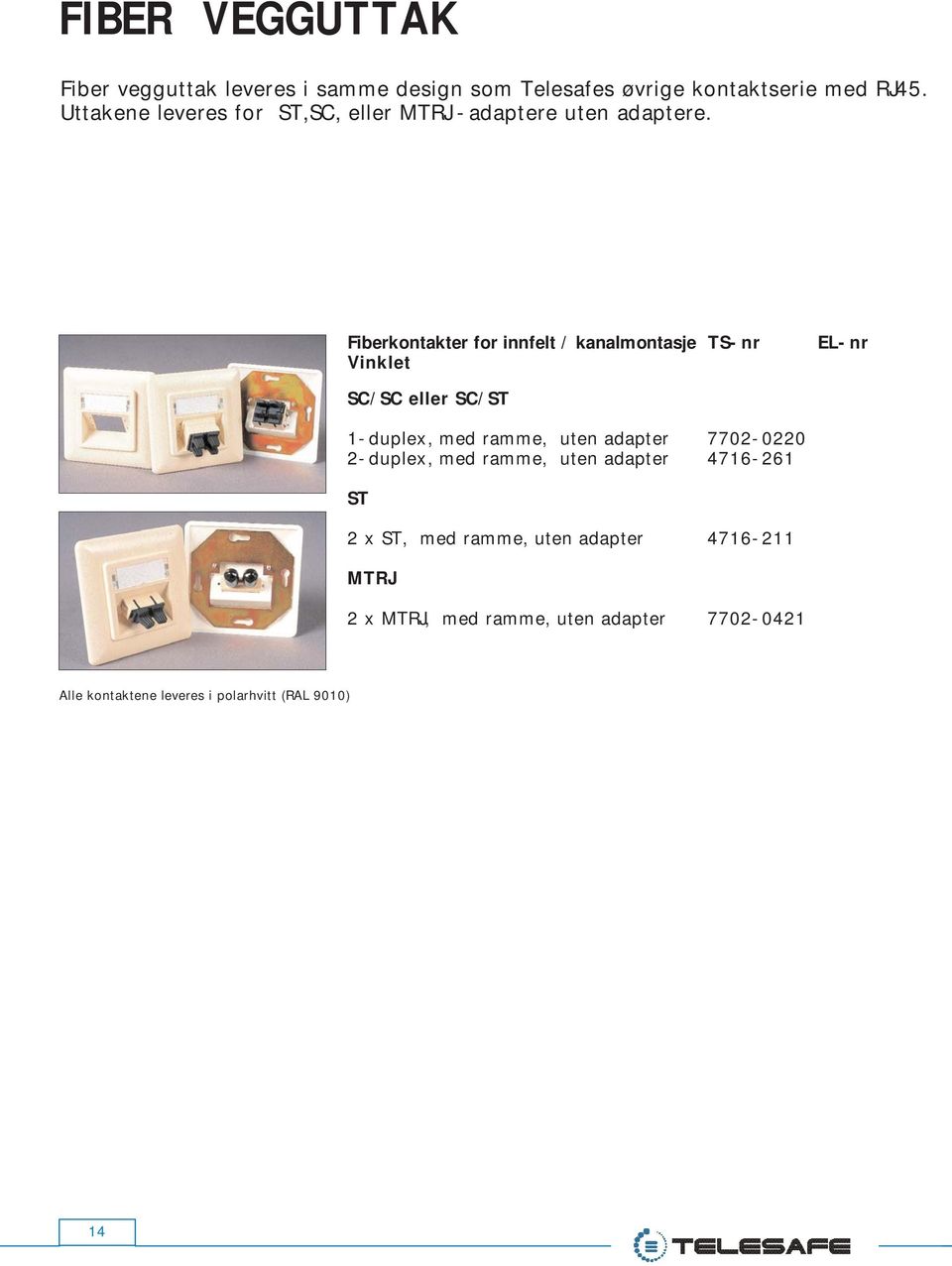 Fiberkontakter for innfelt / kanalmontasje TS-nr Vinklet EL-nr SC/SC eller SC/ST 1-duplex, med ramme, uten adapter