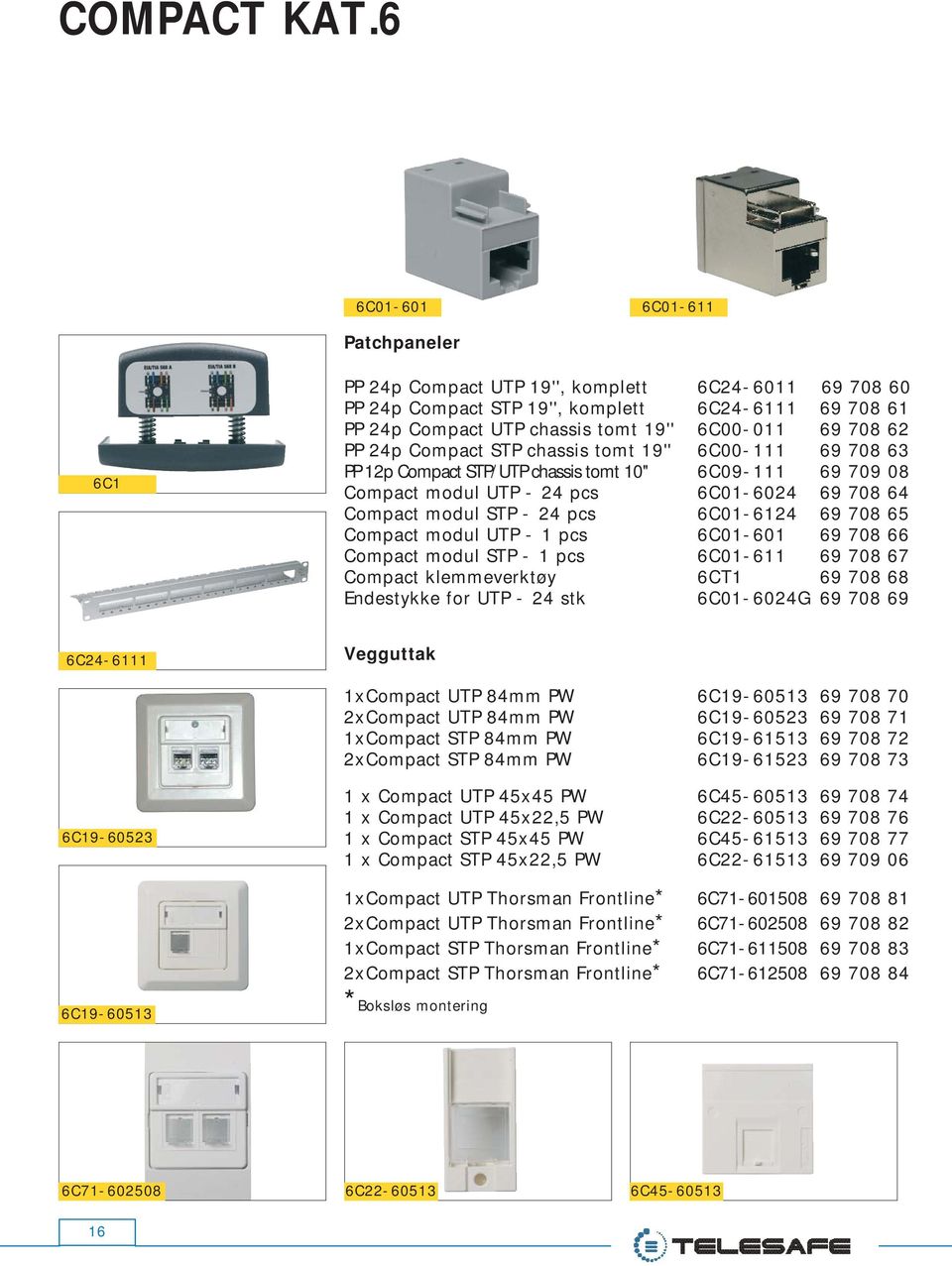 62 PP 24p Compact STP chassis tomt 19'' 6C00-111 69 708 63 PP 12p Compact STP/UTP chassis tomt 10'' 6C09-111 69 709 08 Compact modul UTP - 24 pcs 6C01-6024 69 708 64 Compact modul STP - 24 pcs