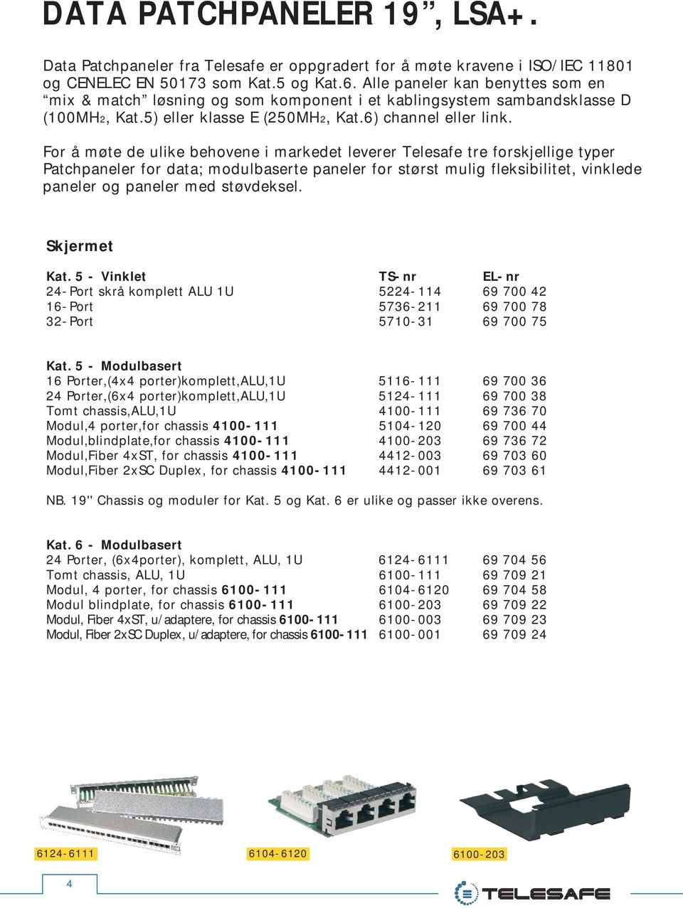 For å møte de ulike behovene i markedet leverer Telesafe tre forskjellige typer Patchpaneler for data; modulbaserte paneler for størst mulig fleksibilitet, vinklede paneler og paneler med støvdeksel.