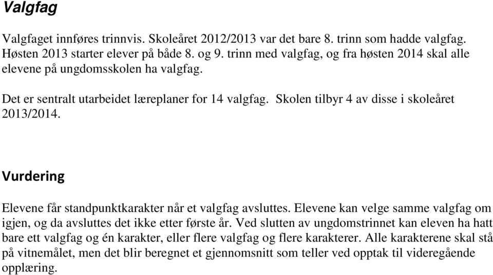 Skolen tilbyr 4 av disse i skoleåret 2013/2014. Vurdering Elevene får standpunktkarakter når et valgfag avsluttes.