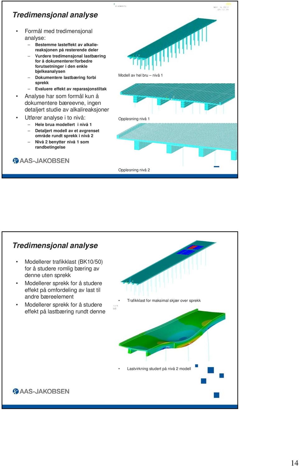 analyse i to nivå: Hele brua modellert i nivå 1 Detaljert modell av et avgrenset område rundt sprekk i nivå 2 Nivå 2 benytter nivå 1 som randbetingelse Modell av hel bru nivå 1 Oppløsning nivå 1