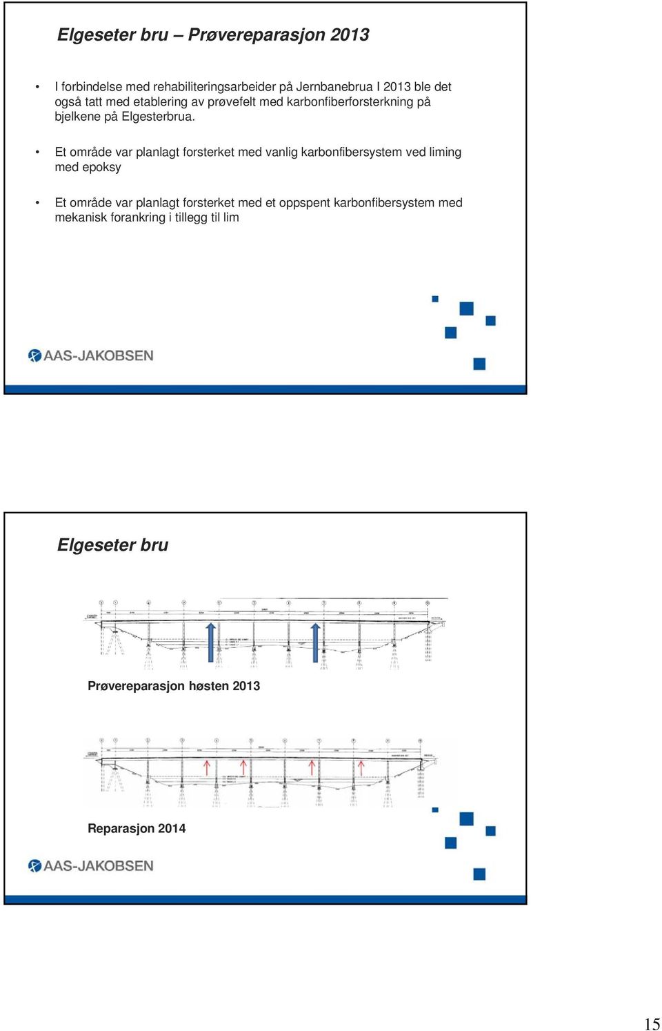 Et område var planlagt forsterket med vanlig karbonfibersystem ved liming med epoksy Et område var planlagt