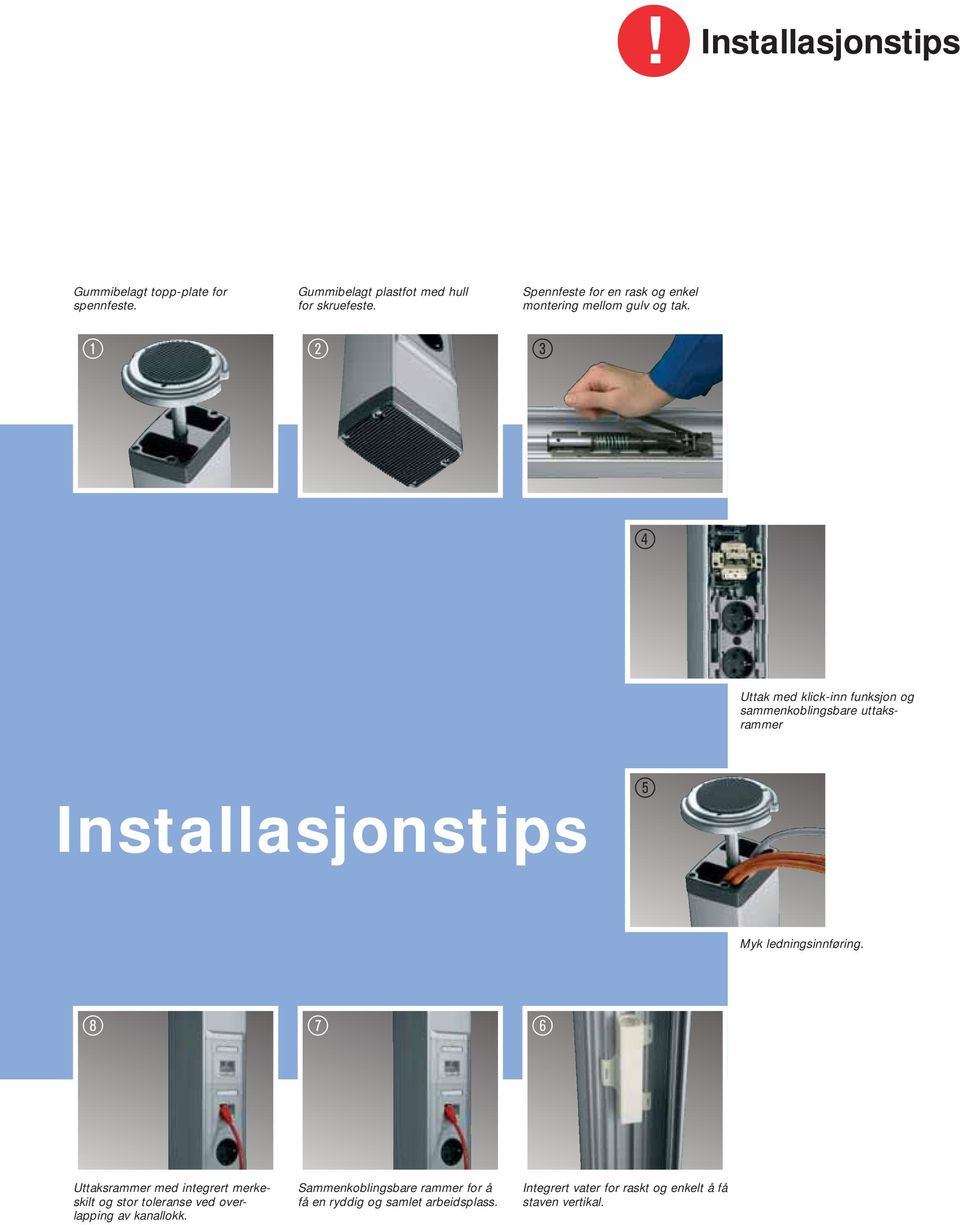 2 3 4 Uttak med klick-inn funksjon og sammenkoblingsbare uttaksrammer Installasjonstips 5 Myk ledningsinnføring.