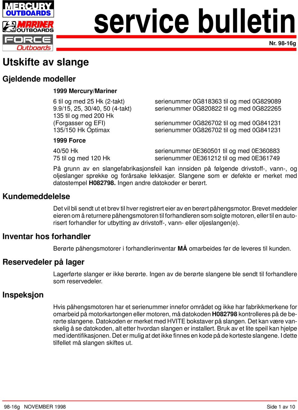 9/15, 25, 30/40, 50 (4-tkt) serienummer 0G820822 til og med 0G822265 135 til og med 200 Hk (Forgsser og EFI) serienummer 0G826702 til og med 0G841231 135/150 Hk Optimx serienummer 0G826702 til og med