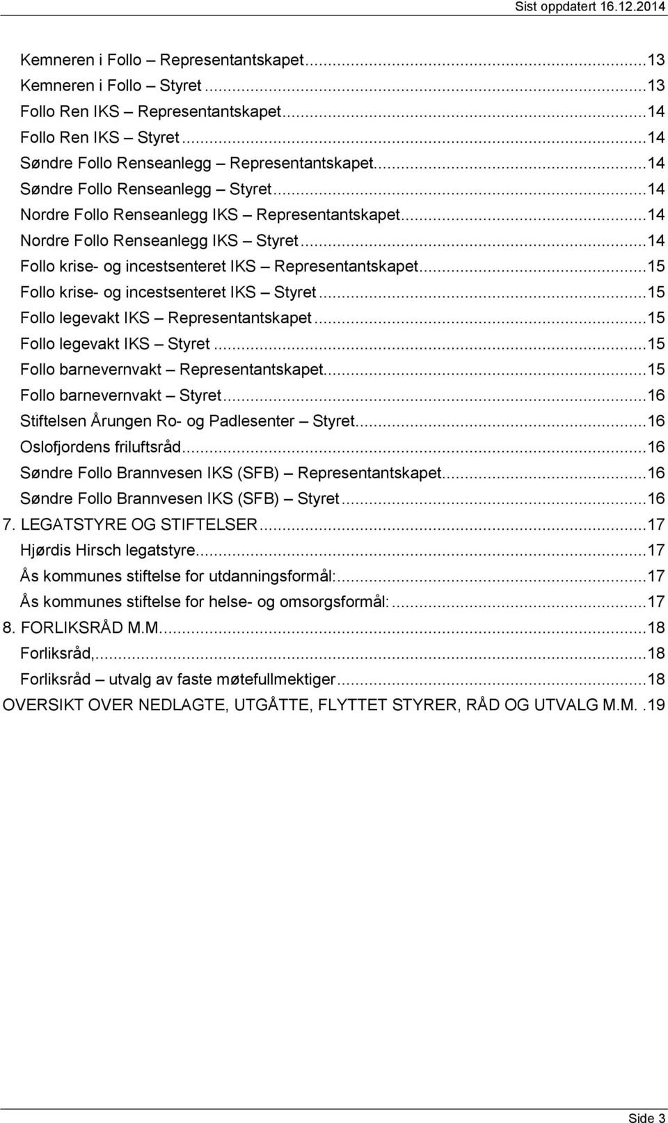 ..14 Follo krise- og incestsenteret IKS Representantskapet...15 Follo krise- og incestsenteret IKS Styret...15 Follo legevakt IKS Representantskapet...15 Follo legevakt IKS Styret.