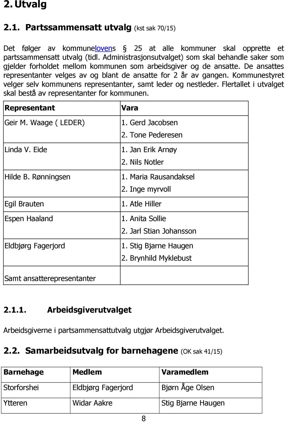 Kommunestyret velger selv kommunens representanter, samt leder og nestleder. Flertallet i utvalget skal bestå av representanter for kommunen. Geir M. Waage ( LEDER) Linda V. Eide Hilde B.