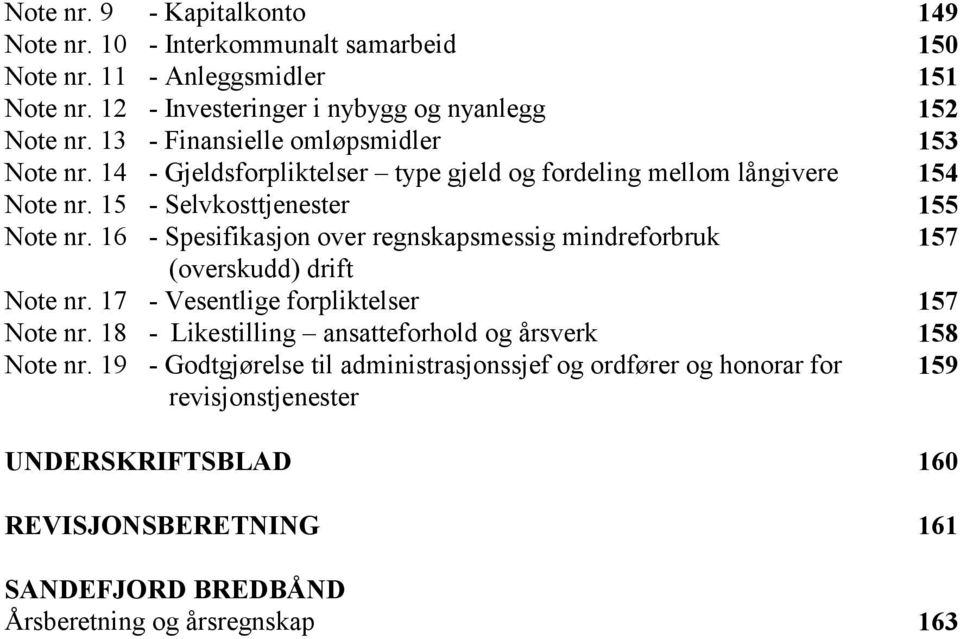 16 - Spesifikasjon over regnskapsmessig mindreforbruk 157 (overskudd) drift Note nr. 17 - Vesentlige forpliktelser 157 Note nr.