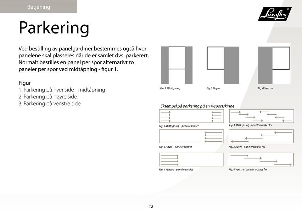 Parkering på høyre side 3. Parkering på venstre side Fig. 1 Midtåpning Fig. 3 Høyre Fig. 4 Venstre Eksempel på parkering på en 4-sporsskinne Fig.