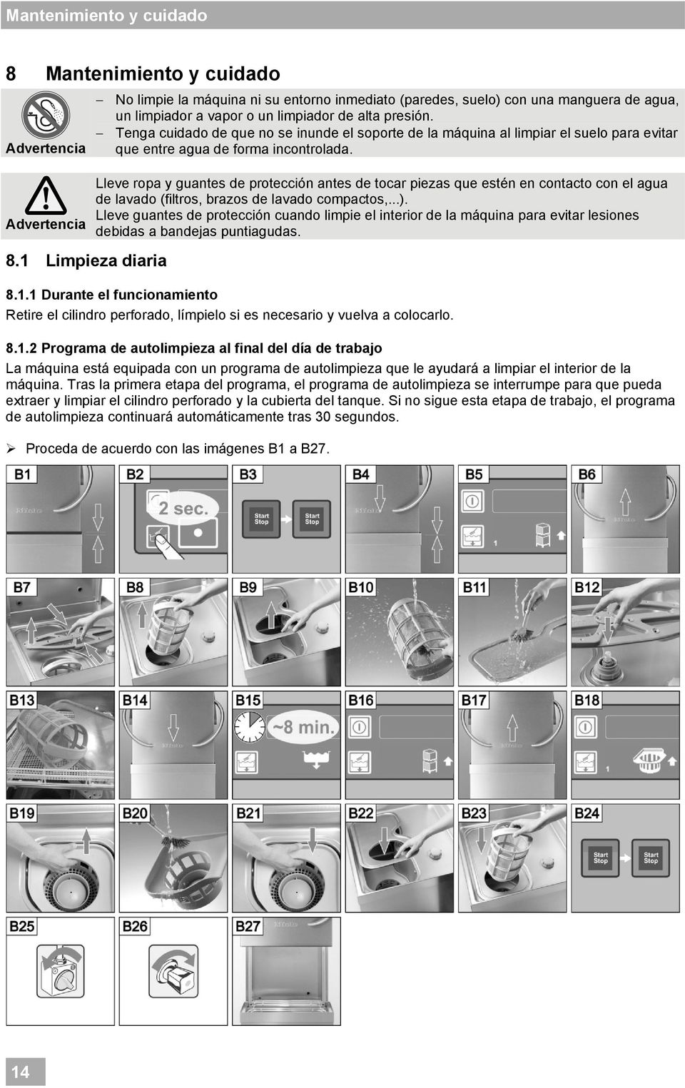 Advertencia Lleve ropa y guantes de protección antes de tocar piezas que estén en contacto con el agua de lavado (filtros, brazos de lavado compactos,...).