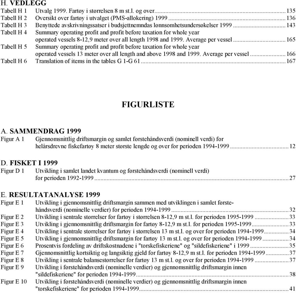 ..143 Tabell H 4 Summary operating profit and profit before taxation for whole year operated vessels 8-12,9 meter over all length 1998 and 1999. Average per vessel.