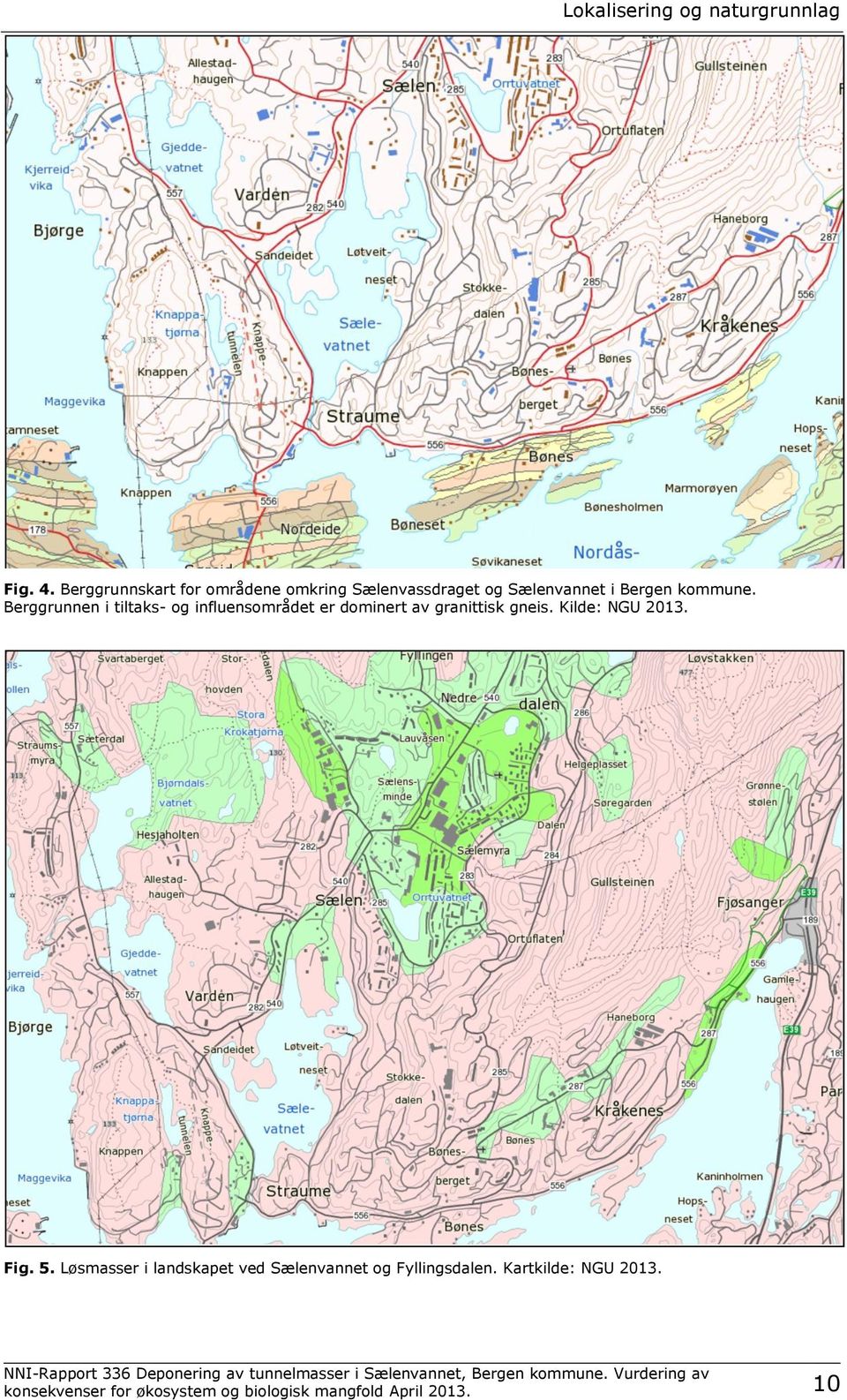 Berggrunnen i tiltaks- og influensområdet er dominert av granittisk gneis. Kilde: NGU 2013.