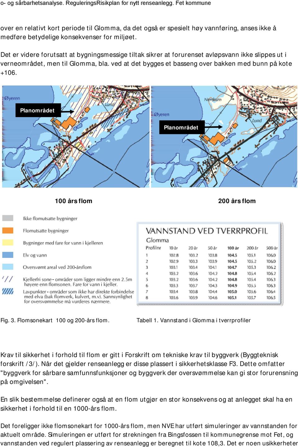 Planområdet Planområdet 100 års flom 200 års flom Fig. 3. Flomsonekart 100 og 200-års flom. Tabell 1.