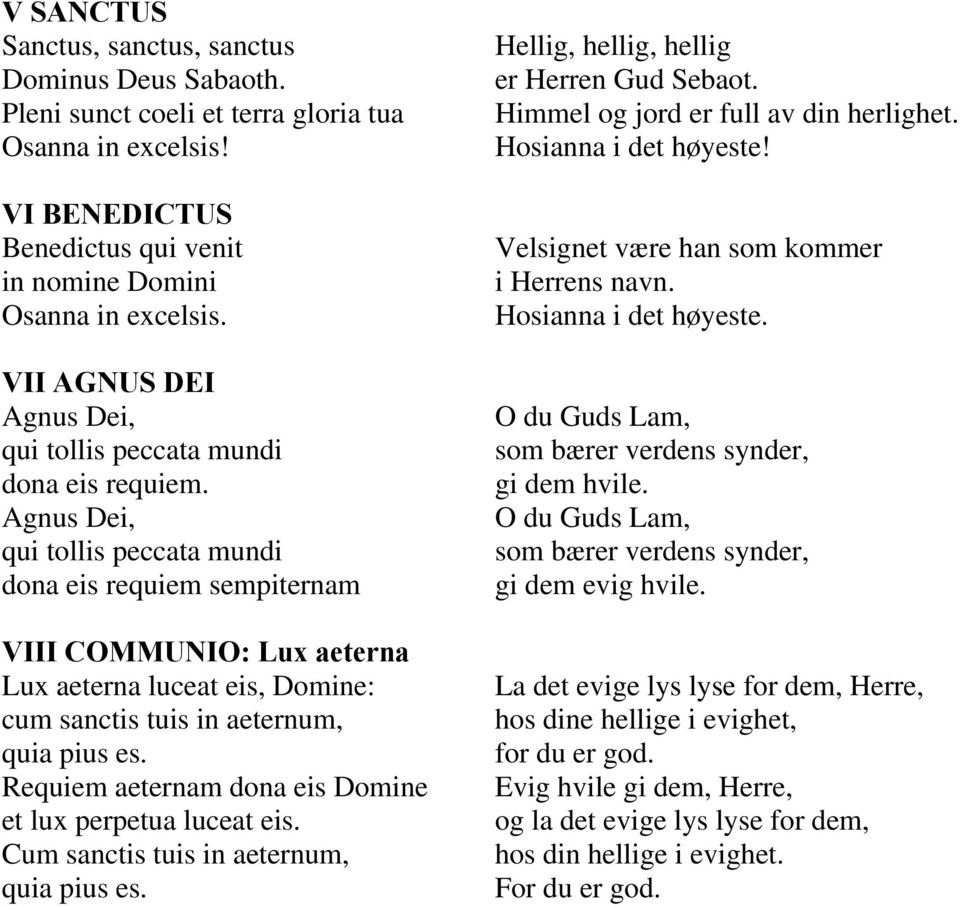 Agnus Dei, qui tollis peccata mundi dona eis requiem sempiternam VIII COMMUNIO: Lux aeterna Lux aeterna luceat eis, Domine: cum sanctis tuis in aeternum, quia pius es.