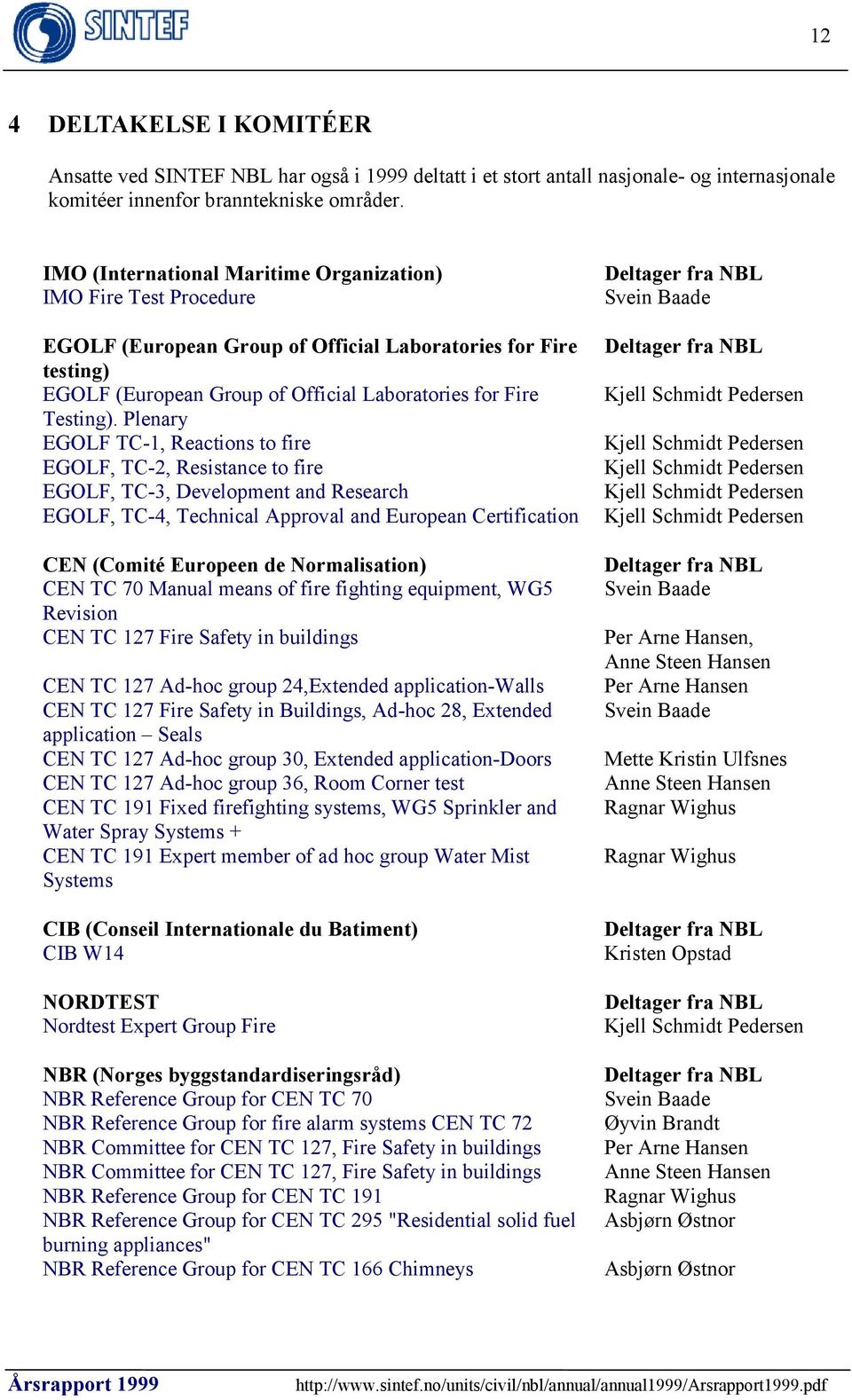 Plenary EGOLF TC-1, Reactions to fire EGOLF, TC-2, Resistance to fire EGOLF, TC-3, Development and Research EGOLF, TC-4, Technical Approval and European Certification CEN (Comité Europeen de