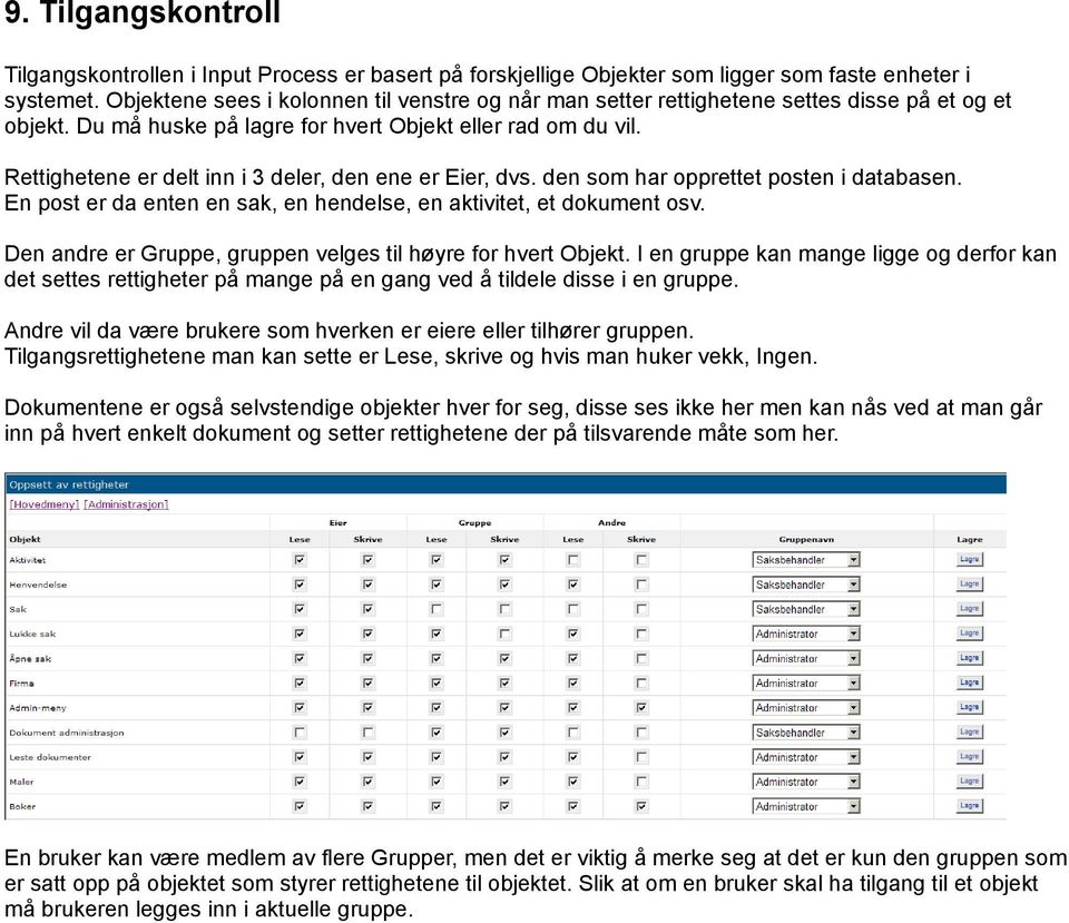 Rettighetene er delt inn i 3 deler, den ene er Eier, dvs. den som har opprettet posten i databasen. En post er da enten en sak, en hendelse, en aktivitet, et dokument osv.