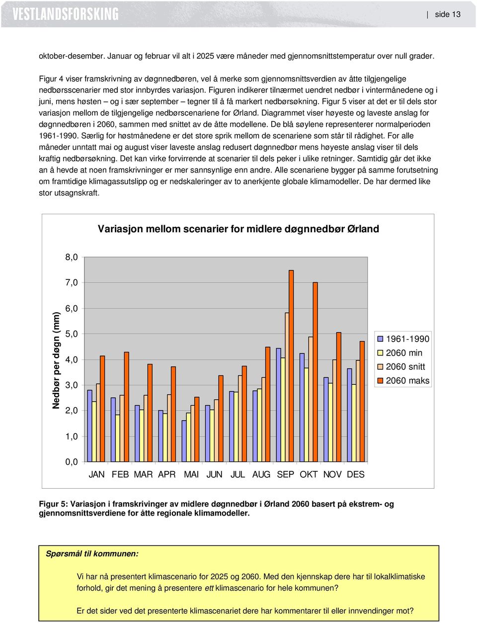 Figuren indikerer tilnærmet uendret nedbør i vintermånedene og i juni, mens høsten og i sær september tegner til å få markert nedbørsøkning.