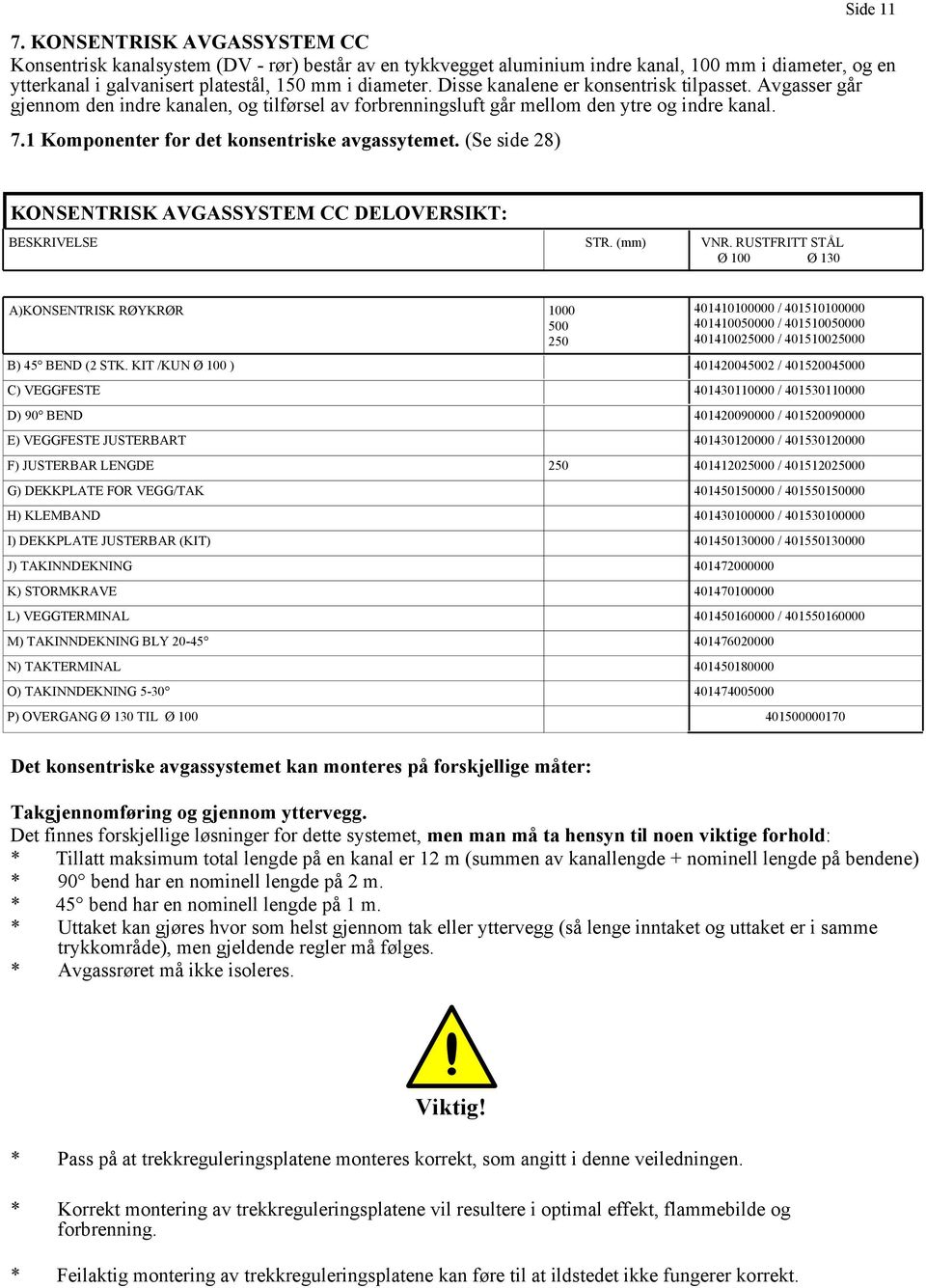 (Se side 28) KONSENTRISK AVGASSYSTEM CC DELOVERSIKT: BESKRIVELSE STR. (mm) VNR.