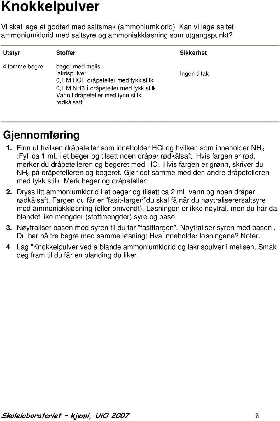 tiltak Gjennomføring 1. Finn ut hvilken dråpeteller som inneholder HCl og hvilken som inneholder NH 3 :Fyll ca 1 ml i et beger og tilsett noen dråper rødkålsaft.