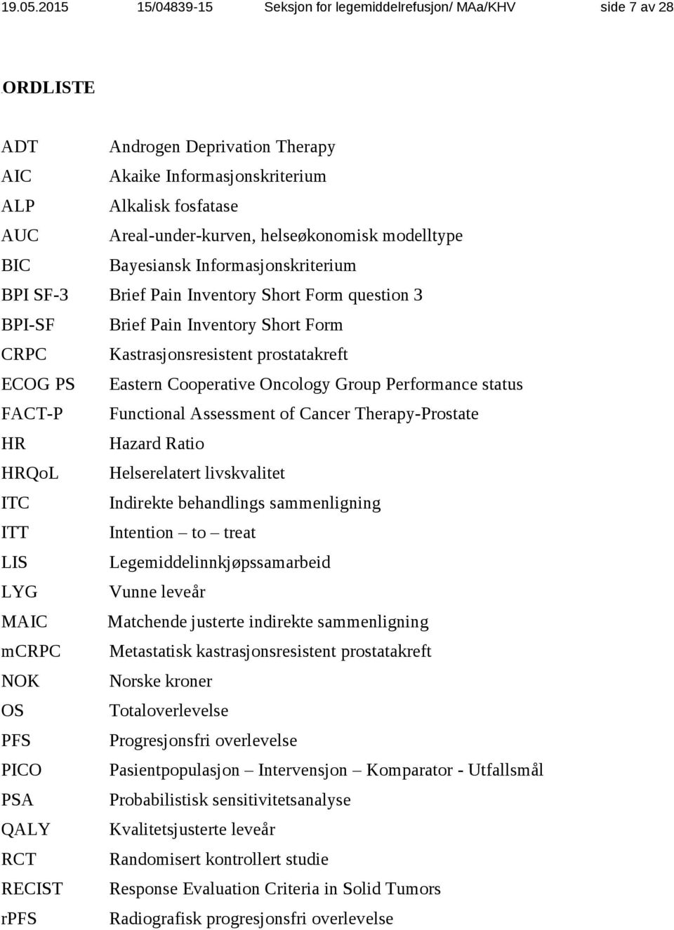 helseøkonomisk modelltype BIC Bayesiansk Informasjonskriterium BPI SF-3 Brief Pain Inventory Short Form question 3 BPI-SF Brief Pain Inventory Short Form CRPC Kastrasjonsresistent prostatakreft ECOG