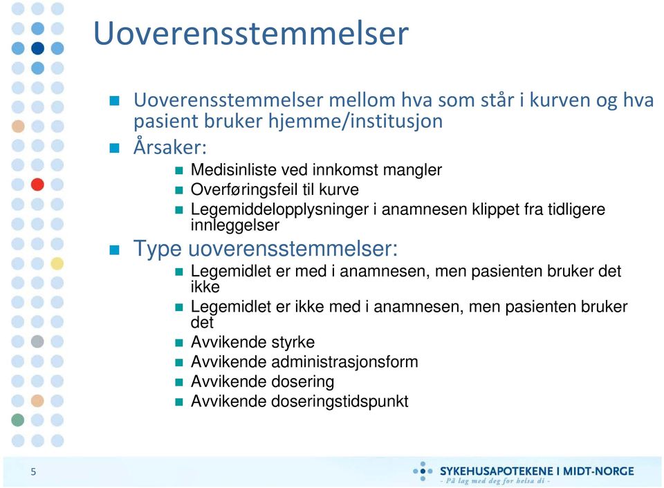 innleggelser Type uoverensstemmelser: Legemidlet er med i anamnesen, men pasienten bruker det ikke Legemidlet er ikke med