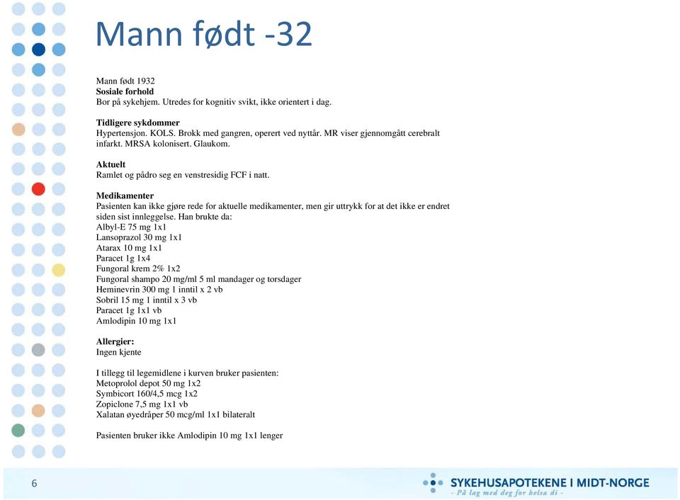 Medikamenter Pasienten kan ikke gjøre rede for aktuelle medikamenter, men gir uttrykk for at det ikke er endret siden sist innleggelse.