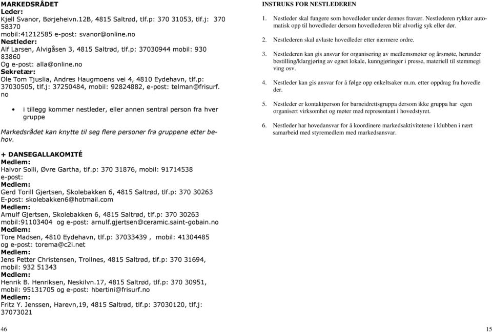no i tillegg kommer nestleder, eller annen sentral person fra hver gruppe Markedsrådet kan knytte til seg flere personer fra gruppene etter behov. INSTRUKS FOR NESTLEDEREN 1.