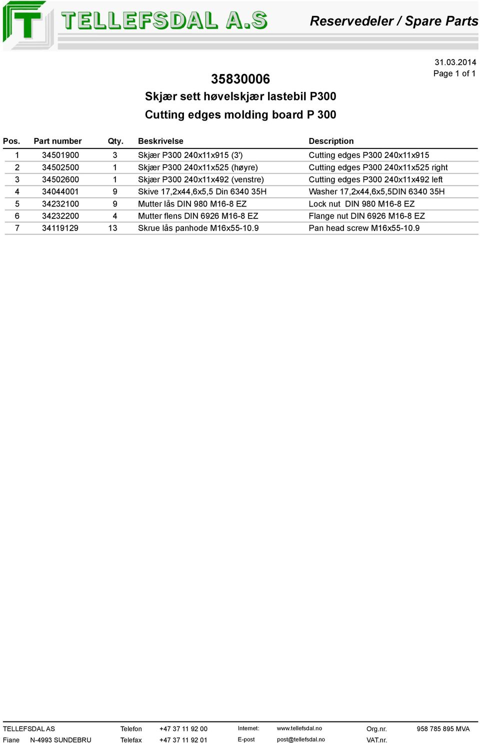 (venstre) Cutting edges P300 20x11x92 left 30001 9 Skive 17,2x,6x5,5 Din 630 35H Washer 17,2x,6x5,5DIN 630 35H 5 3232100 9 Mutter lås DIN 980 M16-8 EZ Lock nut DIN 980 M16-8 EZ 6 3232200 Mutter flens