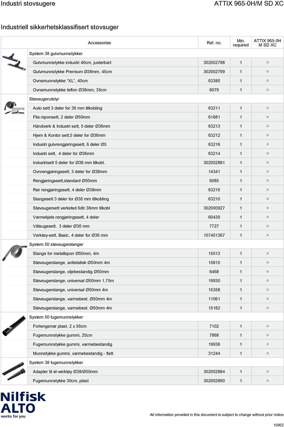 Industri gulvrengjøringssett, 6 deler Ø5 63216 1 Industri sett, 4 deler for Ø36mm 63214 1 Industrisett 5 deler for Ø38 mm tilkobl.