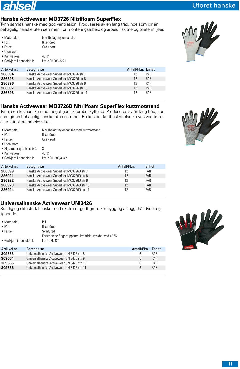 Nitrilbelagt nylonhanske Ikke fôret Grå / sort Uten krom Kan vaskes: 40 C kat 2 EN388;3221 286894 Hanske Activewear SuperFlex MO3726 str 7 12 PAR 286895 Hanske Activewear SuperFlex MO3726 str 8 12