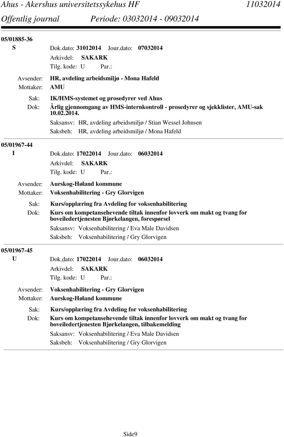 Saksansv: HR, avdeling arbeidsmiljø / Stian Wessel Johnsen Saksbeh: HR, avdeling arbeidsmiljø / Mona Hafeld 05/01967-44 I Dok.dato: 17022014 Jour.dato: 06032014 Tilg. kode: U Par.