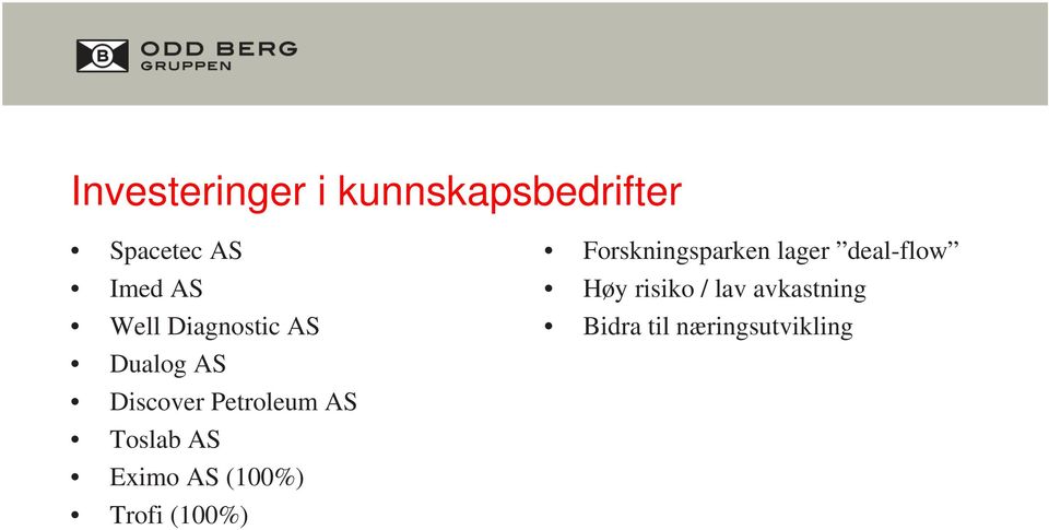 AS Eximo AS (100%) Trofi (100%) Forskningsparken lager