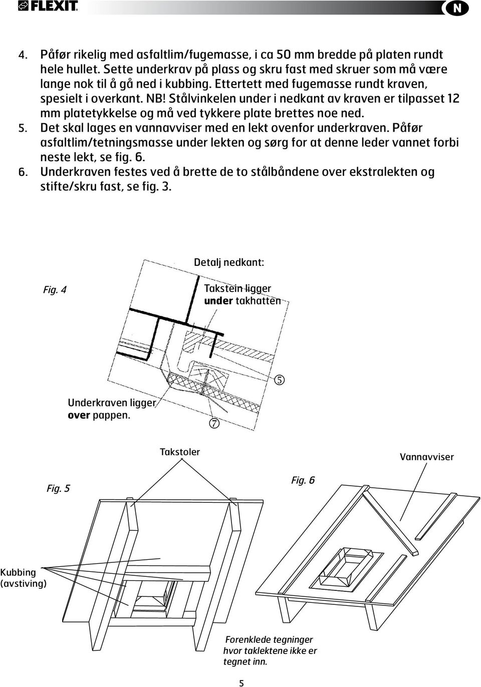 Det skal lages en vannavviser med en lekt ovenfor underkraven. Påfør asfaltlim/tetningsmasse under lekten og sørg for at denne leder vannet forbi neste lekt, se fig. 6.