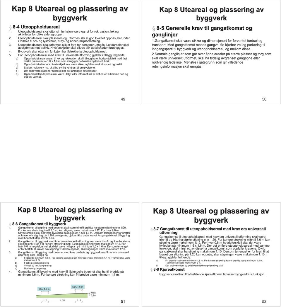 Uteoppholdsareal skal utformes slik at fare for personer unngås. Lekearealer skal avskjermes mot trafikk. Nivåforskjeller skal sikres slik at fallskader forebygges. 4.