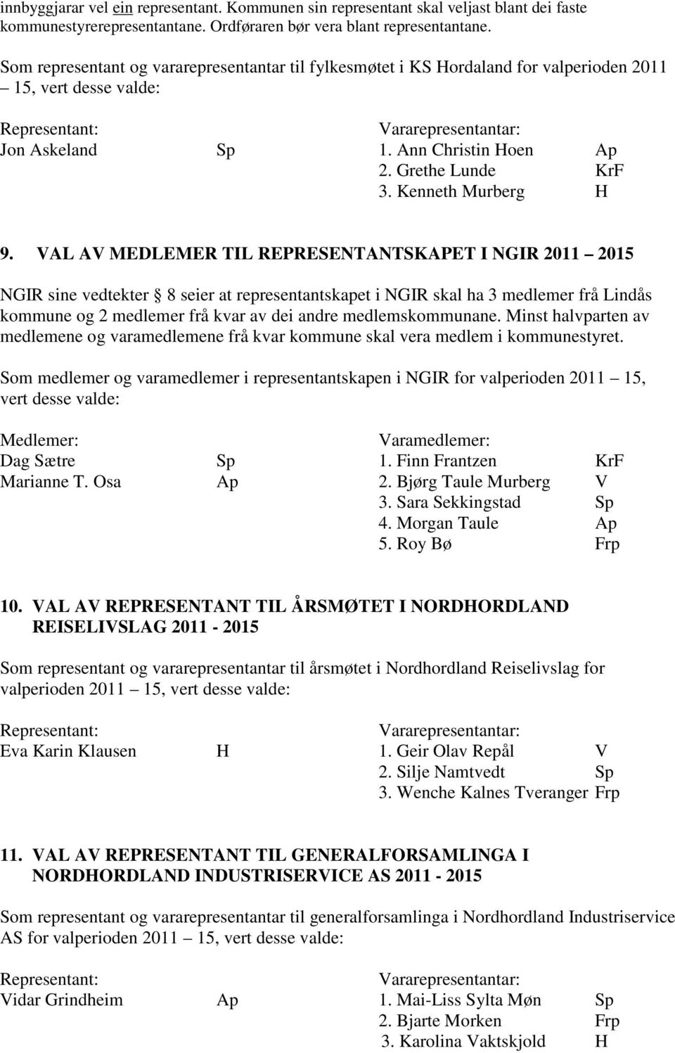 VAL AV MEDLEMER TIL REPRESENTANTSKAPET I NGIR 2011 2015 NGIR sine vedtekter 8 seier at representantskapet i NGIR skal ha 3 medlemer frå Lindås kommune og 2 medlemer frå kvar av dei andre