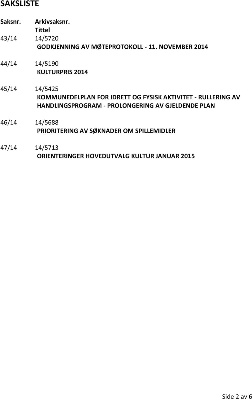 AKTIVITET - RULLERING AV HANDLINGSPROGRAM - PROLONGERING AV GJELDENDE PLAN 46/14 14/5688