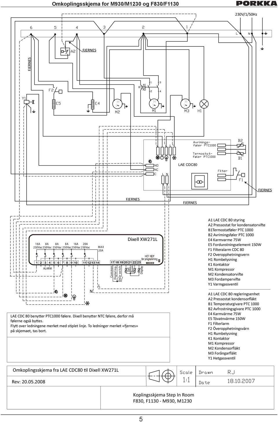 Room AE CDC 80 beny er PC1000 følere. Dixell beny er C følere, derfor må følerne også by es. Fly over ledningene merket med s plet linje. o ledninger merket «ernes» på skjemaet, tas bort.