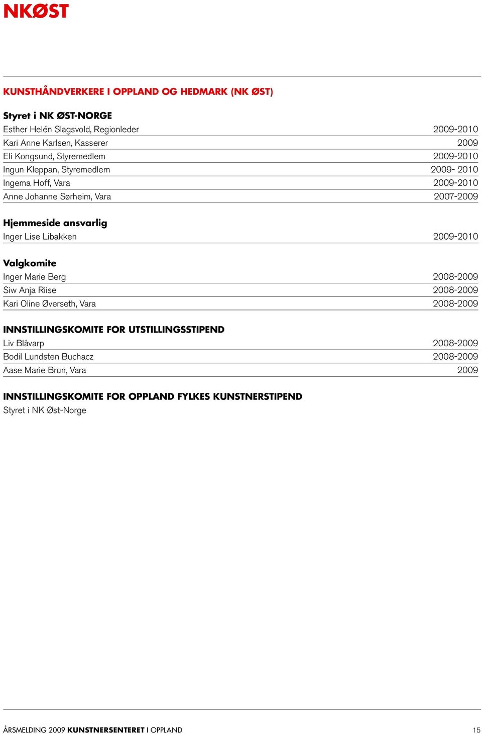 2009-2010 Valgkomite Inger Marie Berg 2008-2009 Siw Anja Riise 2008-2009 Kari Oline Øverseth, Vara 2008-2009 INNSTILLINGSKOMITE FOR UTSTILLINGSSTIPEND Liv Blåvarp