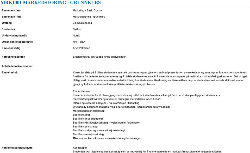 studentene sentrale basiskunnskaper gjennom en bred presentasjon av markedsføring som fagområde, utvikle studentenes forståelse for de tema som presenteres og å utvikle studentenes evne til å anvende