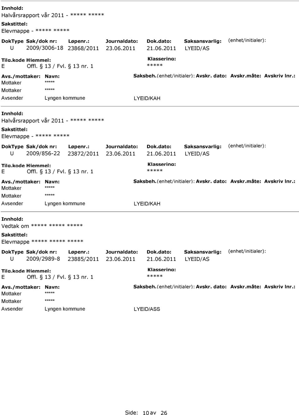 : LYD/KAH Halvårsrapport vår 2011 - levmappe - 2009/856-22 23872/2011 LYD/AS Avs./mottaker: Navn: Saksbeh.