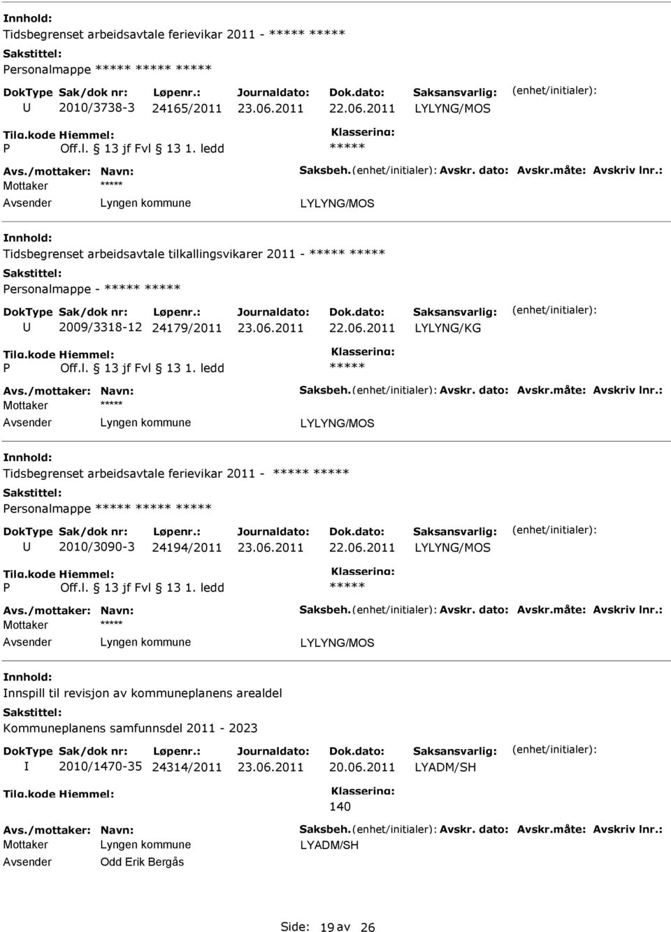 : Tidsbegrenset arbeidsavtale ferievikar 2011 - ersonalmappe 2010/3090-3 24194/2011 Avs./mottaker: Navn: Saksbeh. Avskr. dato: Avskr.måte: Avskriv lnr.