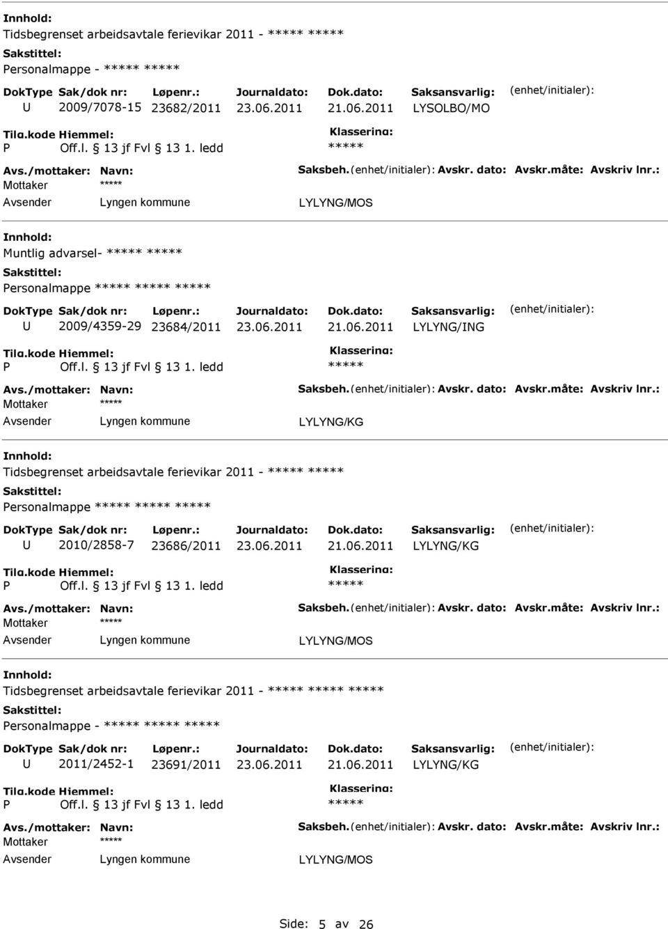 /mottaker: Navn: Saksbeh. Avskr. dato: Avskr.måte: Avskriv lnr.: Tidsbegrenset arbeidsavtale ferievikar 2011 - ersonalmappe - 2011/2452-1 23691/2011 Avs.