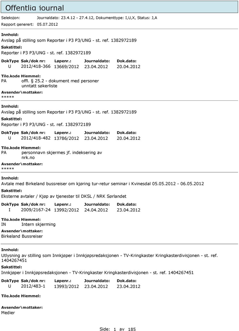 05.2012-06.05.2012 Eksterne avtaler / Kjøp av tjenester til DKSL / NRK Sørlandet N 2009/2167-24 13992/2012 ntern skjerming Birkeland Bussreiser tlysning av stilling som nnkjøper i nnkjøpsredaksjonen