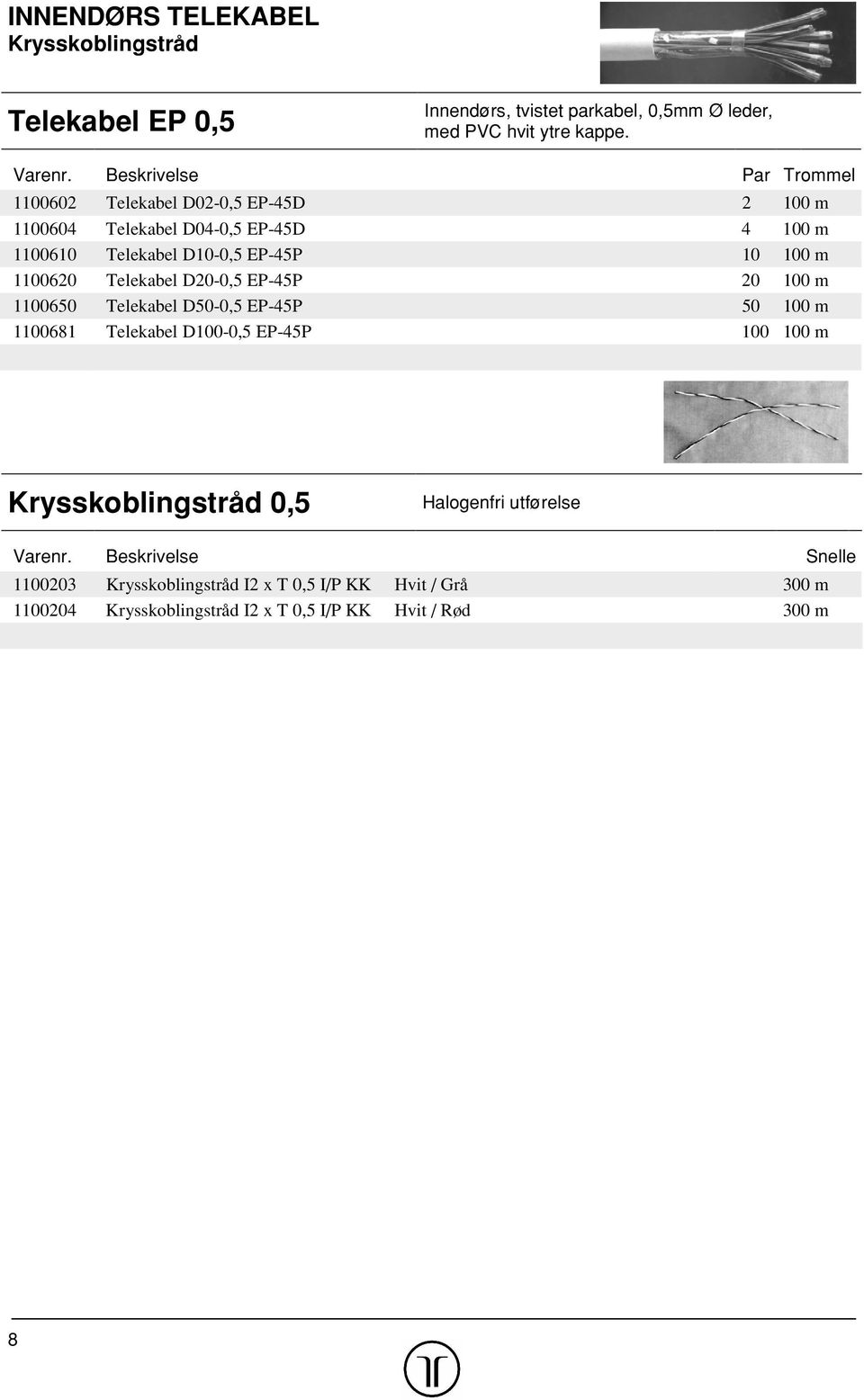 D20-0,5 EP-45P 20 100 m 1100650 Telekabel D50-0,5 EP-45P 50 100 m 1100681 Telekabel D100-0,5 EP-45P 100 100 m Krysskoblingstråd 0,5 Halogenfri